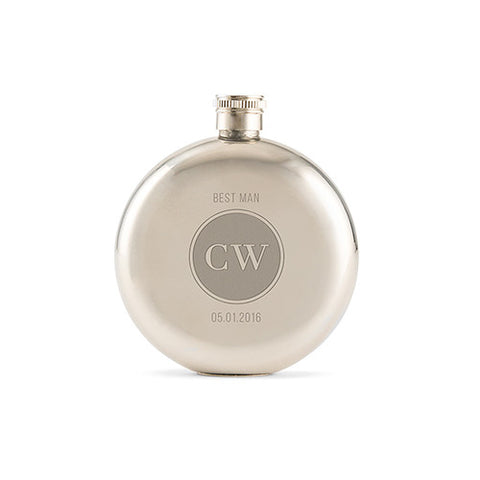 Circle Monogram Etched Round Silver Hip Flask