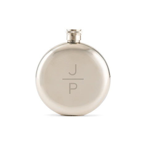 Stacked Monogram Etched Round Silver Hip Flask for Men or Women