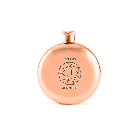Monogram Gem Etched Round Rose Gold 3oz Hip Flask