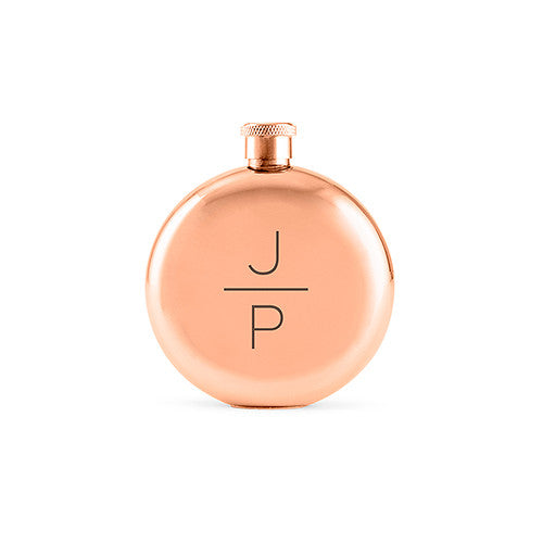 Stacked Monogram Etched Round Rose Gold 3oz Hip Flask
