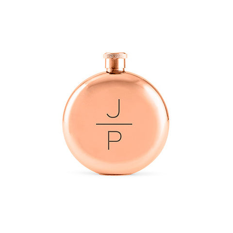 Stacked Monogram Etched Round Rose Gold 3oz Hip Flask
