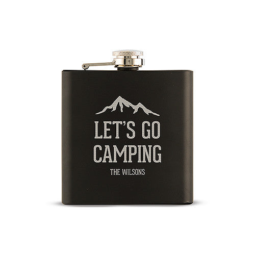 Let's Go Camping Etched Black Hip Flask