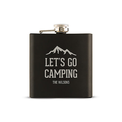Let's Go Camping Etched Black Hip Flask