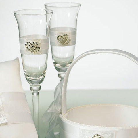 Rhinestone Double Heart Wedding Champagne Glasses
