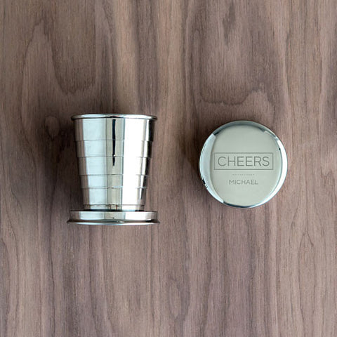 Engraved Collapsible Silver Shot Glass - Cheers Etching