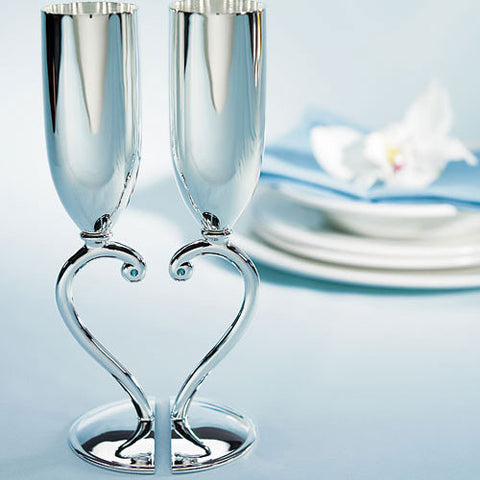 Silver Interlocking Heart Stem Wedding Champagne Flutes