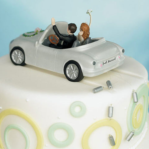 "Honeymoon Bound" Couple in Car Wedding Cake Topper