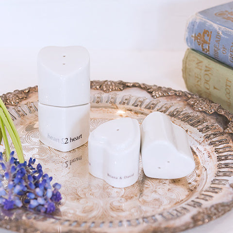 White Interlocking Hearts Salt and Pepper Shakers