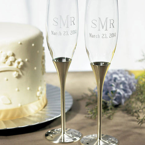 Silver Wedding Champagne Glasses with Crystal Gems