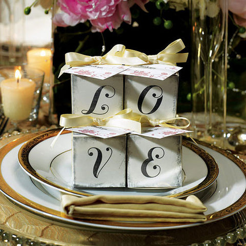 "LOVE" Cube Favor Boxes with Charming Aged Print