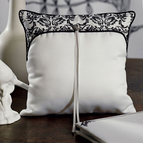 Love Bird Damask in Classic Black and White Ring Pillow