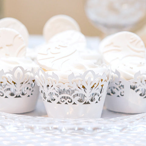 Classic Damask Filigree Paper Cupcake Wrappers White Shimmer