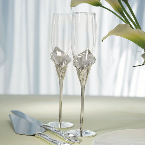 Silver Calla Lily Stemmed Wedding Champagne Flutes