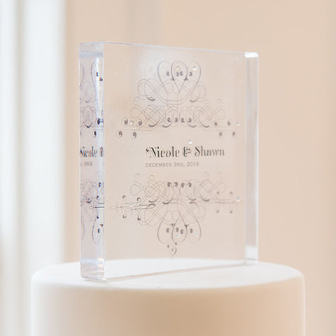 Fanciful Monogram Personalized Clear Acrylic Block Cake Topper Lavender