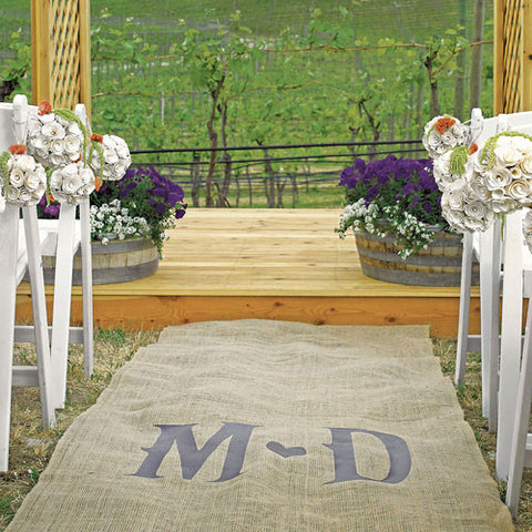 Personalized Burlap Aisle Runner with Vineyard Monogram Plain Burlap Black