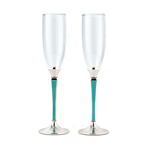 Wedding Champagne Glasses with Blue and Silver Stem