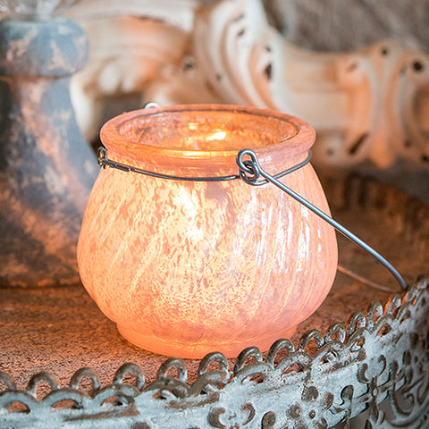 Miniature Glass Tealight Holder with Wire Hanger Rose Petal Pink