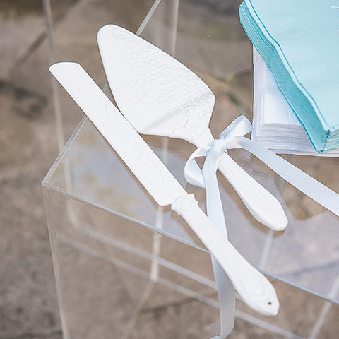 Porcelain Cake Serving Set with Embossed Lace Details White