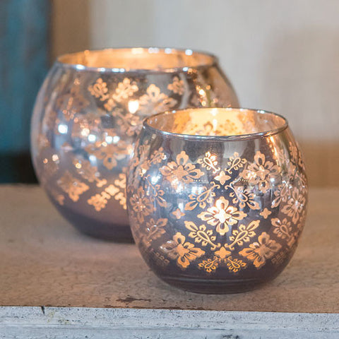 Large Glass Globe Votive Holder With Reflective Lace Pattern Lavender