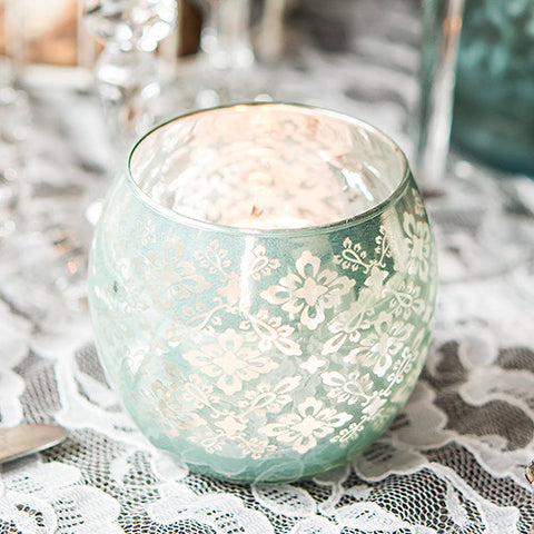 Small Glass Globe Votive Holder With Reflective Lace Pattern Pink