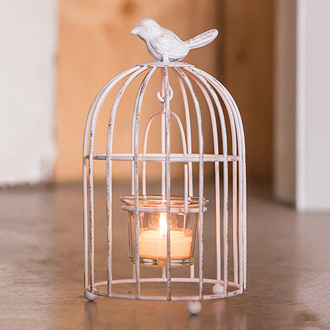 Small Metal Birdcage with Suspended Tealight Holder White