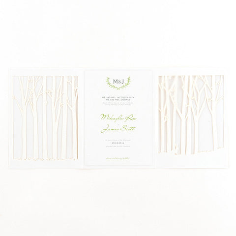 Woodland Pretty Laser Embossed Invitations with Personalization Grass Green