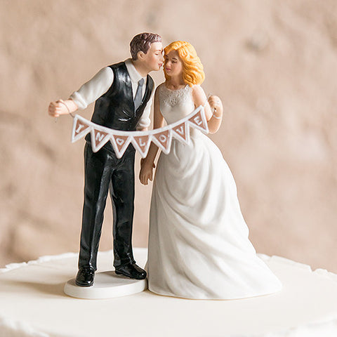 Shabby Chic Bride and Groom Porcelain Figurine Wedding Cake Topper with Pennant Sign Groom