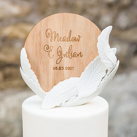 White Feather Porcelain Wedding Cake Topper with Personalized Veneer Disc in Feather Whimsy Design