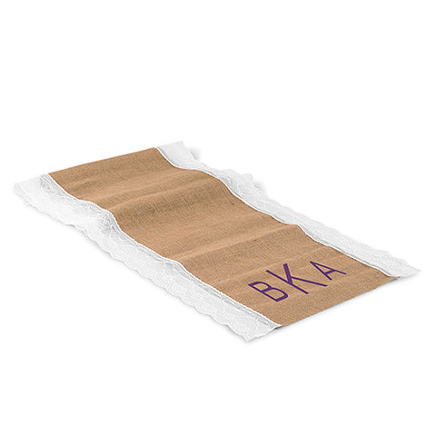 Burlap And Lace Table Runner - Geo Monogram Print (120" / 3.0m long) Lavender