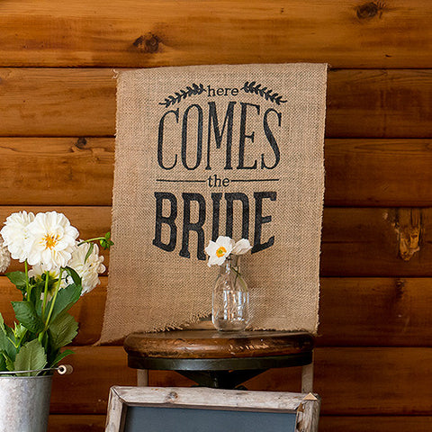 Natural Burlap Ceremony Sign - Black Print Here Comes the Bride