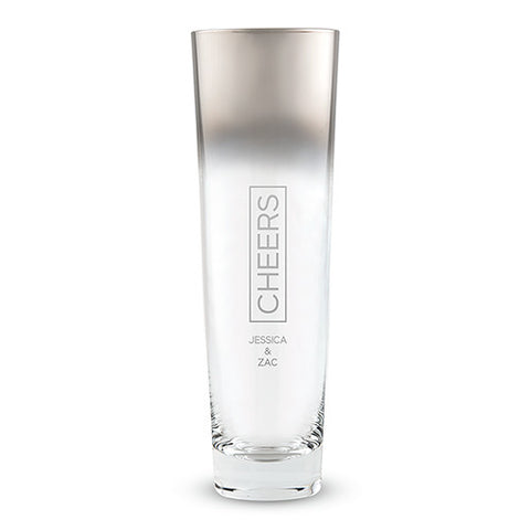 Modern Stemless Champagne Flutes Silver Ombre Cheers Etched Silver