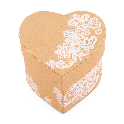 Heart Kraft Paper Favor Box with Vintage Lace Print Chocolate Brown