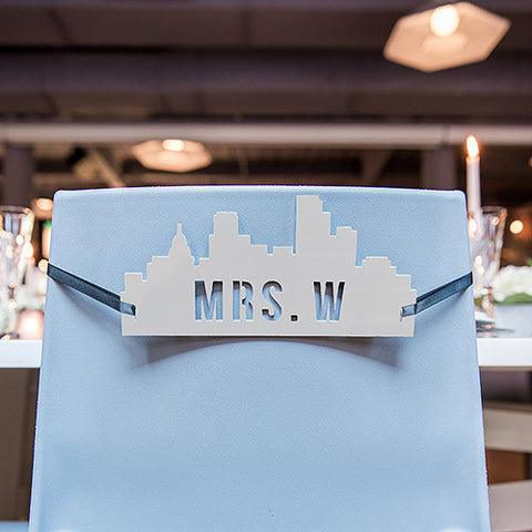 Personalized Industrial Cityscape Silhouette White Acrylic Wedding Chair Signs
