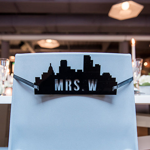 Personalized Industrial Cityscape Silhouette Black Acrylic Wedding Chair Signs