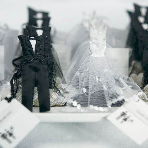 White Wedding Dress and Tuxedo Organza Favor Bags Mini Bride Dress