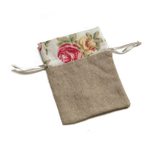 Linen Drawstring Bag With  Floral Print Trim